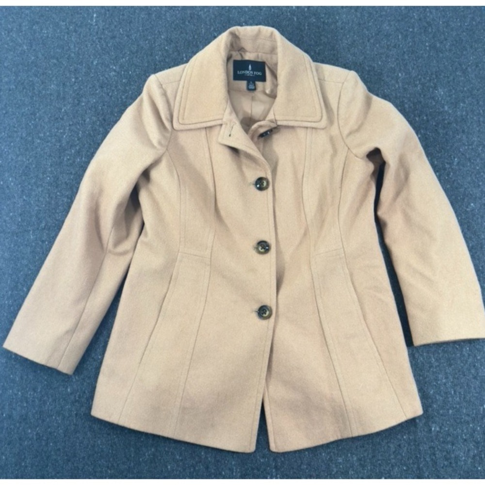 London Fog Pea Coat Womens Large Tan Wool Blend Button Up Collared Jacket